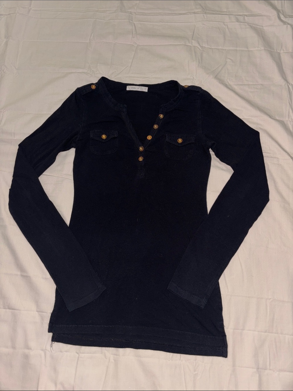 Slim Black Long-Sleeve Henley Top with Gold Button Details